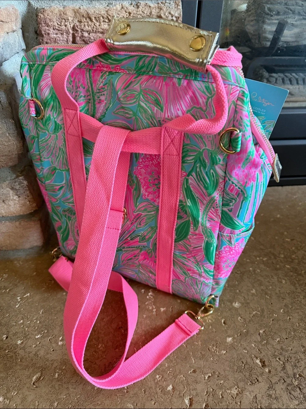 New - Lilly Pulitzer Insulated Pink & Green Floral Backpack with Gold Hardware